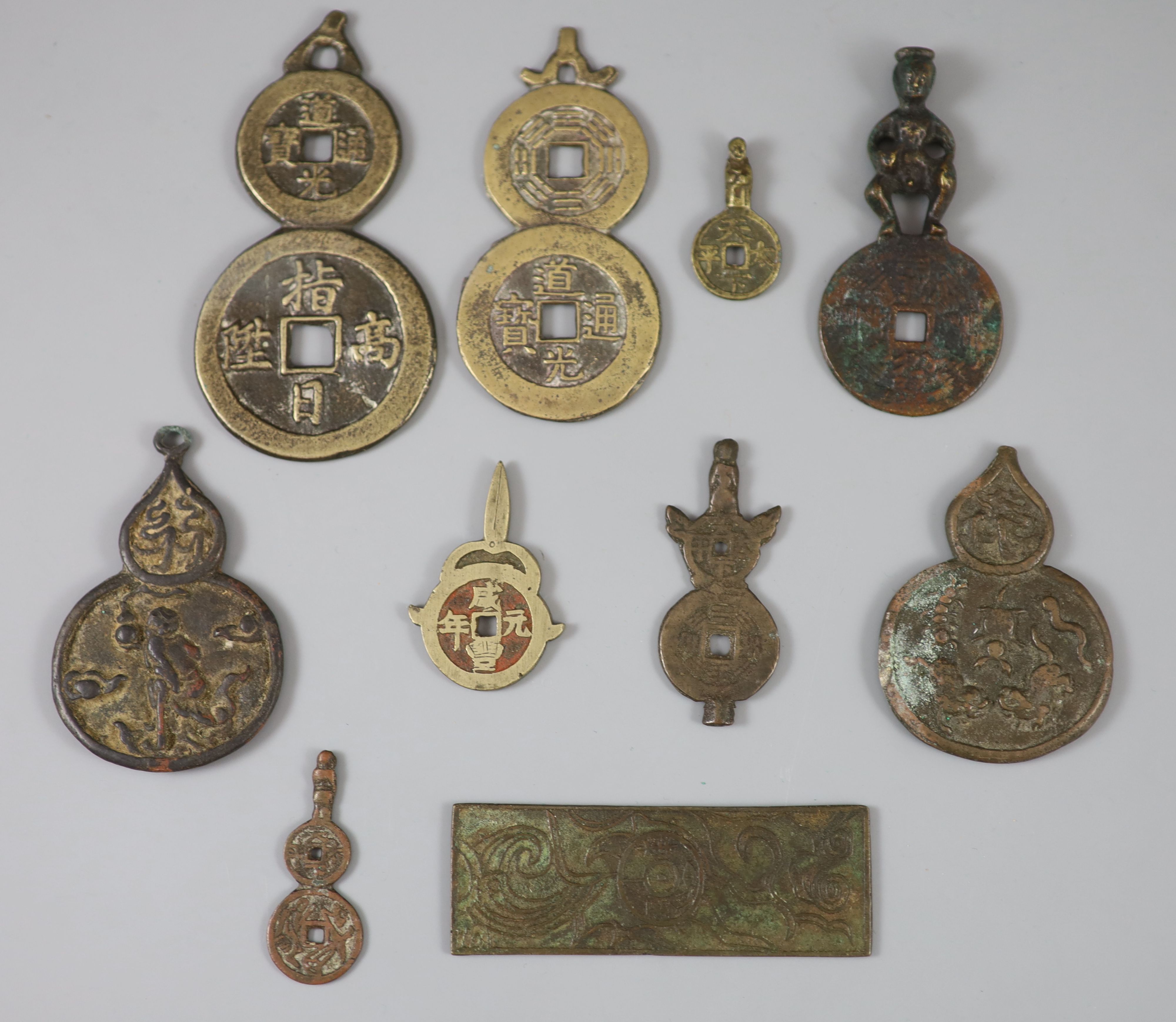 China, 10 bronze charms or amulets, Qing dynasty-Republic period,